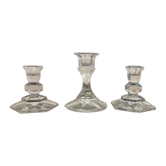 Set of 3 Vintage Crystal Candlesticks Hexagonal 3in Circular 4in Clear Glass - Picture 1 of 9